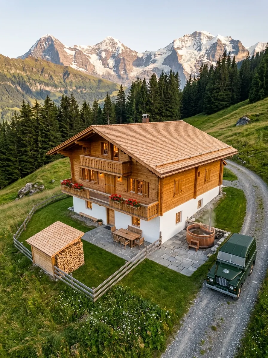 After (AI concept): The same slope, track and forest with the chalet rebuilt in honey-coloured larch on a white base, a new shingle roof with a chimney, red geraniums on the balconies, a stone terrace with a wooden table and a wooden hot tub, a new woodshed stacked with logs, a fenced lawn and a green vintage 4x4 on the track.