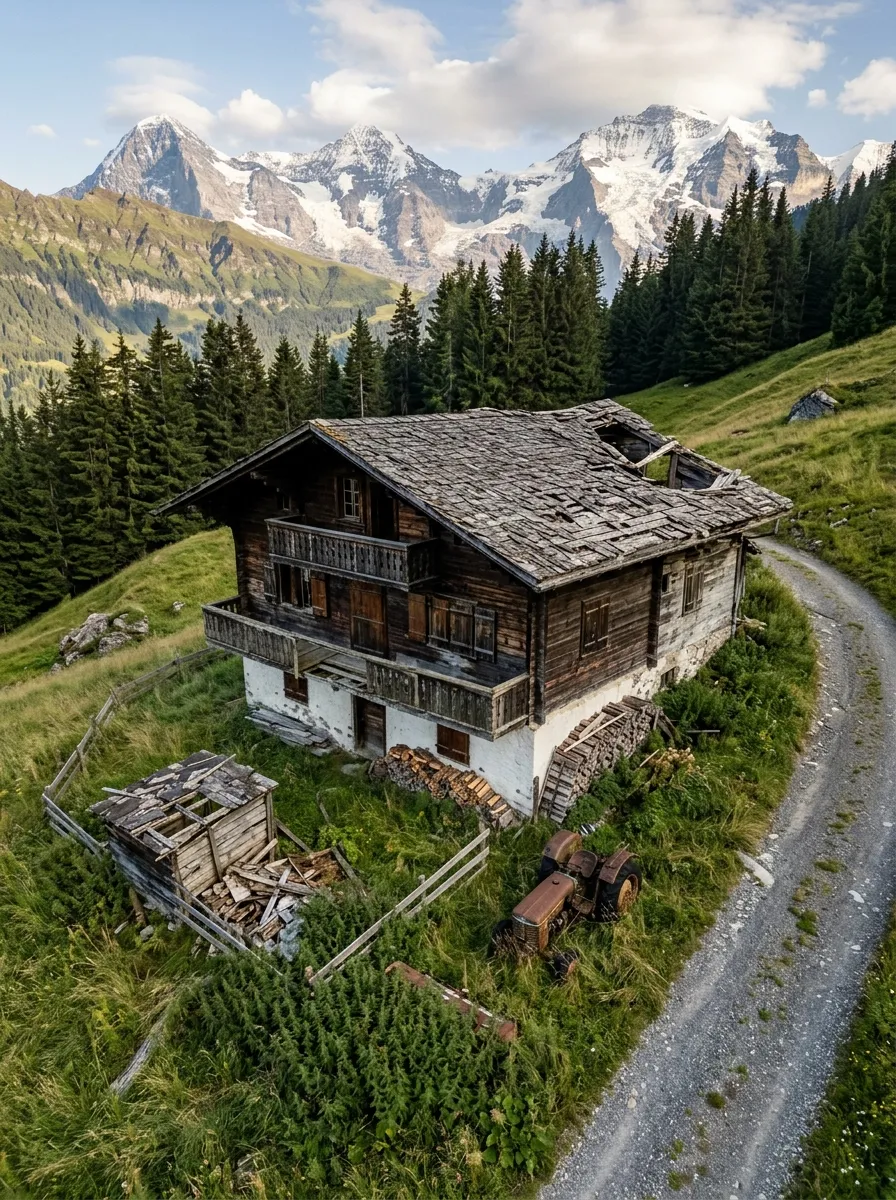 Before (AI concept): Aerial view of a two-storey chalet with a dark weathered timber upper floor on a whitewashed stone base, a shingle roof with a collapsed corner, sagging balconies, a fallen woodshed, a rusty tractor and piles of firewood, on a steep meadow beside a curving gravel track below pine forest and snowy peaks.
