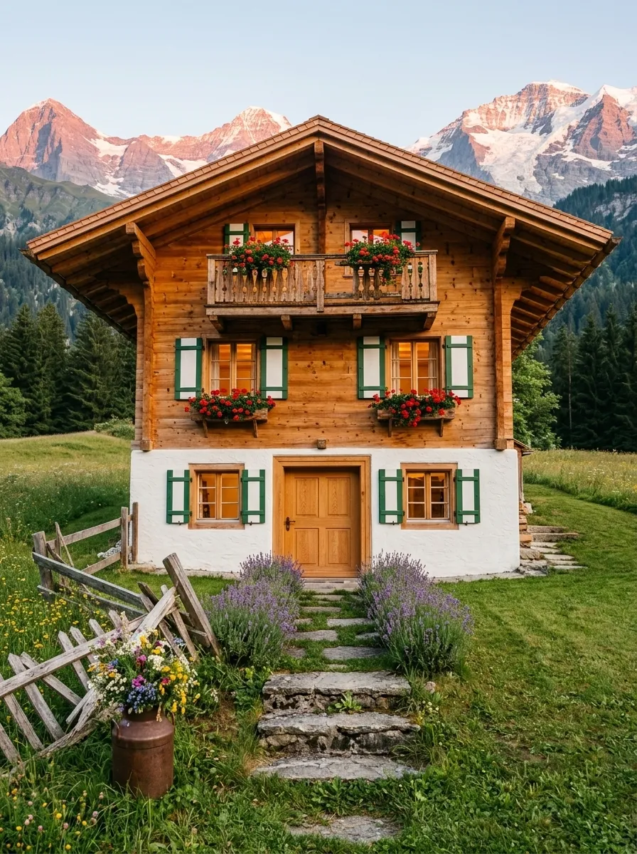 After (AI concept): The same front with honey-coloured timber, the carved balcony repaired with red geraniums, green shutters, a solid oak door in the white ground floor, clean stone steps edged with lavender, a mown meadow, the fence rebuilt and the milk can planted with flowers, under pink evening light on the peaks.