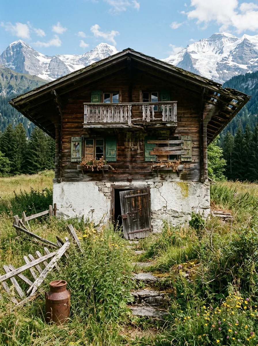 Before (AI concept): Eye-level view up overgrown stone steps to the chalet front: a whitewashed stone ground floor with a broken plank door, a dark timber upper storey with a carved balcony, broken green shutters and dead window boxes, a wide roof overhang, a fallen fence and a rusty milk can in the grass.