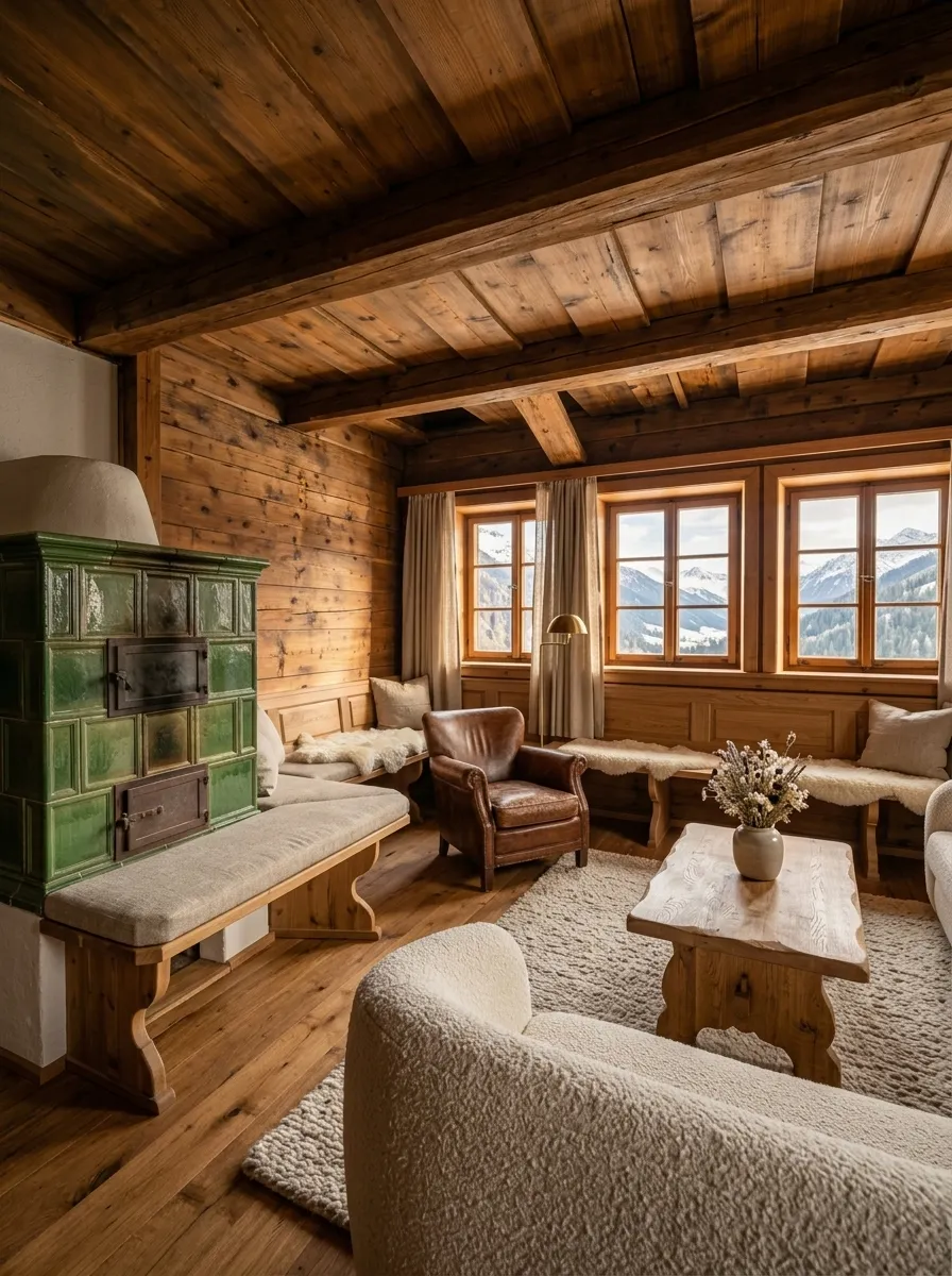After (AI concept): The same room with the larch cleaned to a honey tone, the green tiled stove intact with a cushioned bench, linen cushions on the window bench, a leather armchair, a cream boucle sofa, a rustic oak coffee table with dried flowers, a wool rug and oak floorboards.