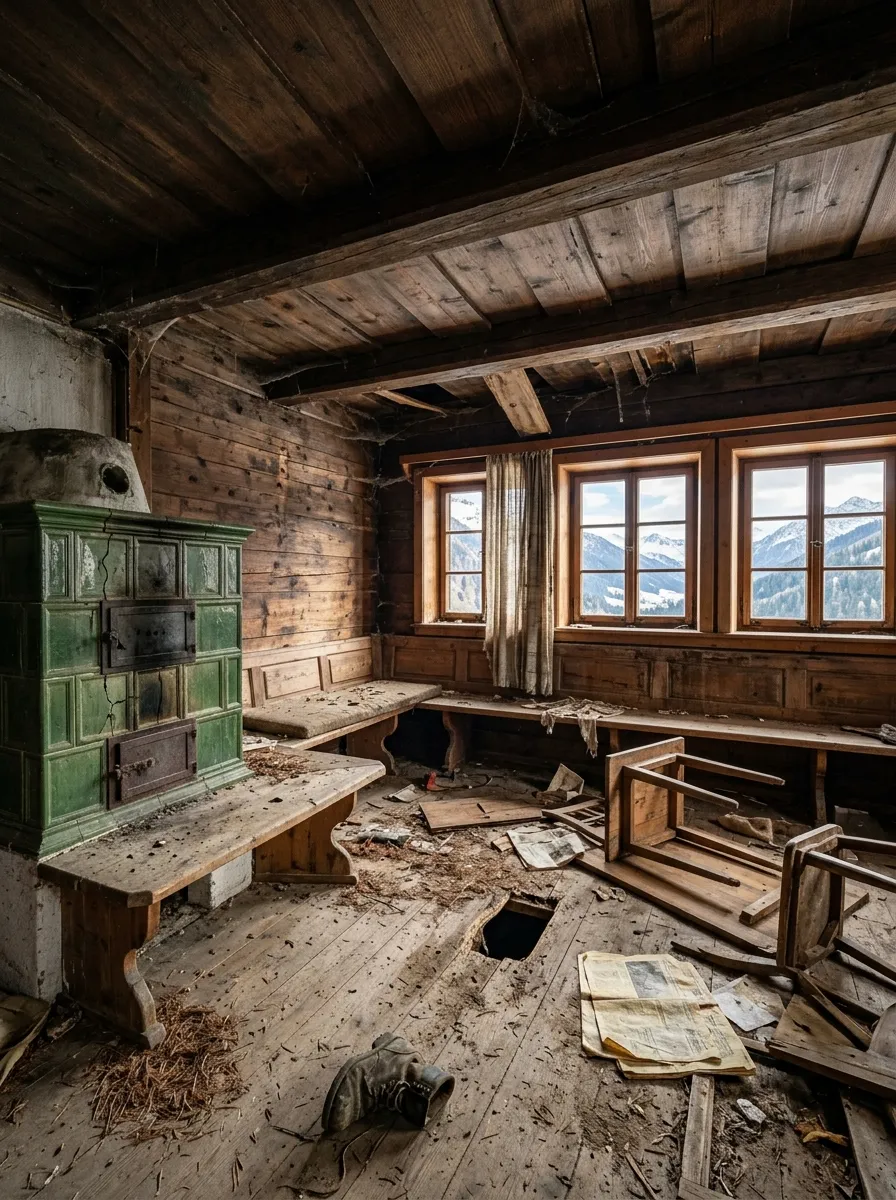 Before (AI concept): A low living room panelled in dark larch, with a green tiled stove in the corner, a built-in bench, three small windows onto the mountains with a torn curtain, and an overturned table, broken chairs, newspapers and a hole in the plank floor.