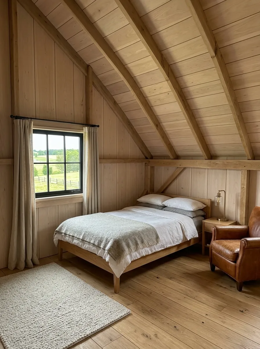 After (AI concept): The same room lined in pale wood boards with the rafters left visible, the window in a black frame with linen curtains, a low oak bed with white and grey linen and a wool throw, an oak bedside table with a lamp, a cognac leather armchair and a pale wool rug on oak floorboards.
