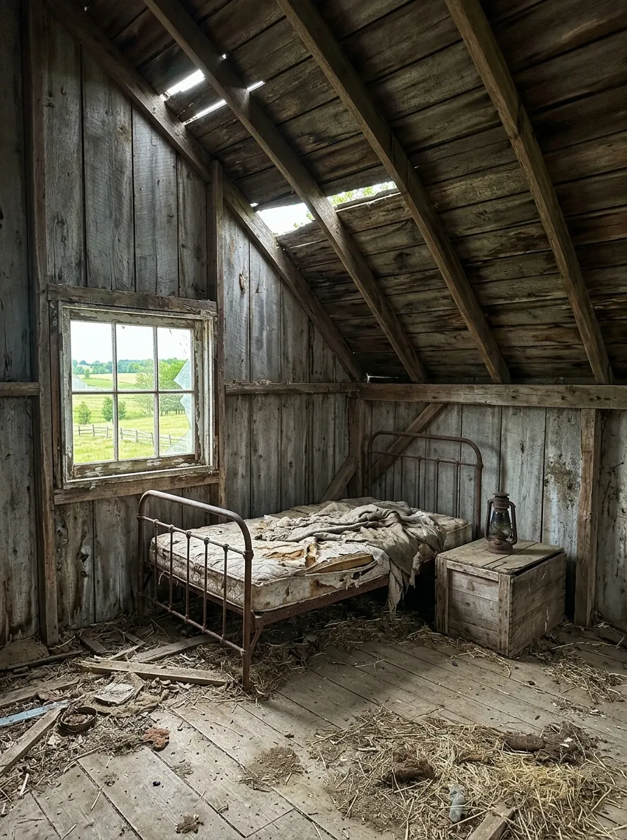 Before (AI concept): A small loft room under a sloped plank roof with gaps of daylight: grey plank walls, a square six-pane window with a broken pane onto fields, a rusty iron bed with a torn mattress, a wooden crate with an old lantern, and straw and debris on wide floorboards.