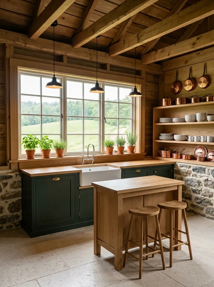 After (AI concept): The same room as a kitchen: the window in a pale wood frame with pots of herbs on the sill, a white farmhouse sink in an oak worktop over dark green cabinets, black pendant lights, open oak shelves with white crockery and copper pans, the stone wall kept below, a small oak island with two stools and a pale stone floor.