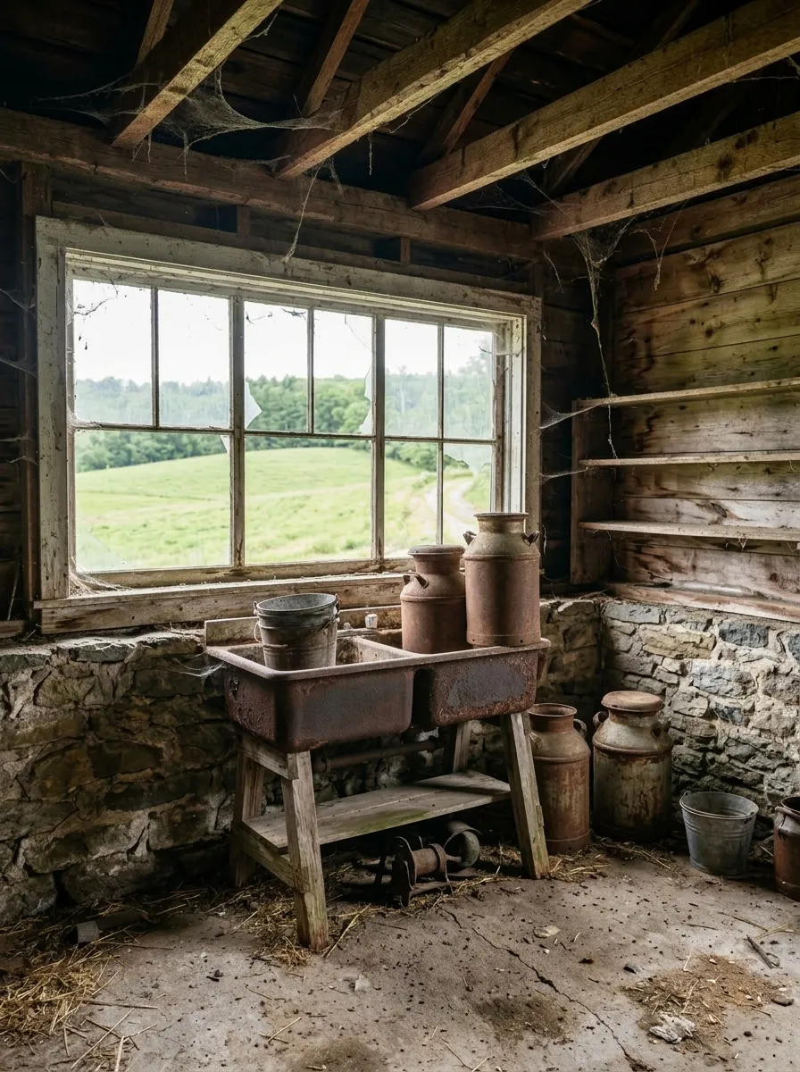Before (AI concept): The old milk room: fieldstone lower walls and plank upper walls, a wide multi-pane window with a broken pane onto pasture, a rusted double sink on a wooden stand, rusty milk cans, a metal bucket, empty dusty shelves, cobwebs on the ceiling joists and a cracked concrete floor with straw.