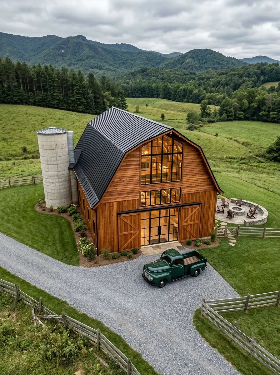 After (AI concept): The same barn from the same height with a black standing-seam metal roof, warm cedar siding, black steel-framed glass in the hayloft and between the open barn doors, the silo cleaned and capped, a gravel drive with a dark green vintage pickup, mown lawn, a round stone fire pit terrace with chairs and a repaired fence.