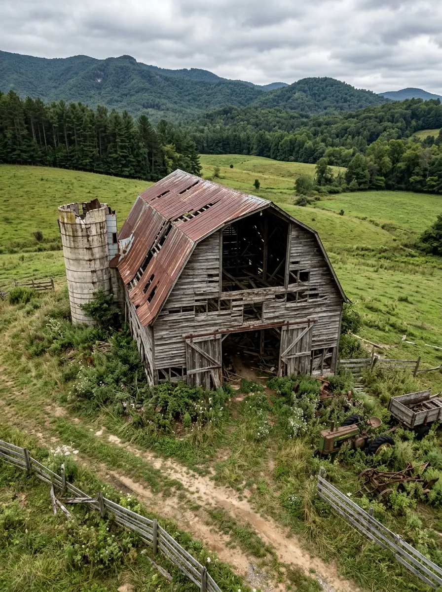 Before (AI concept): Aerial view of an abandoned gambrel-roof timber barn on a green hillside: a rusted metal roof with holes, weathered grey boards with gaps, an open hayloft, sagging sliding doors, a crumbling concrete silo, weeds, rusted farm machinery, a dirt track and a broken split-rail fence, with pine forest and mountains behind.