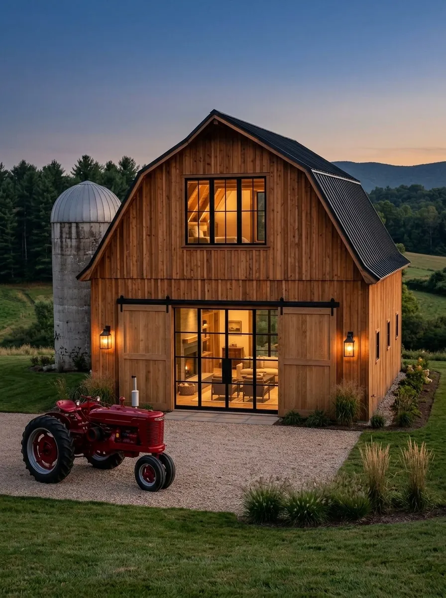 After (AI concept): The same front at dusk: cedar siding, a black metal roof, a large steel-framed hayloft window lit from inside, wooden sliding doors pulled back from a glass wall onto a lit living space, two wall lanterns, the silo with a metal cap, a gravel forecourt, ornamental grasses and the tractor restored in glossy red.