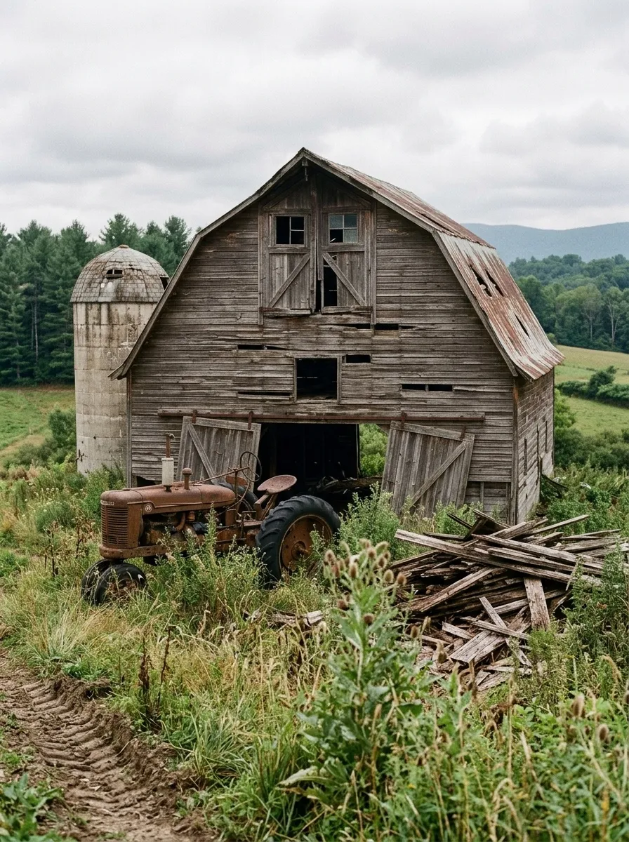 Before (AI concept): The front gable of the barn under a grey sky: weathered grey boards with missing planks, a broken hayloft door, two big sliding doors hanging open on a dark interior, the concrete silo on the left, a rusted old tractor in tall weeds and a pile of rotten planks.