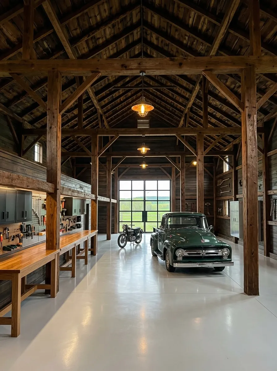 After (AI concept): The same hall with a glossy pale grey floor, the timber frame cleaned, dark wood walls, a black steel-framed glass door at the far end, pendant lights, a long oak workbench with a tool wall and grey cabinets on the left, a vintage motorcycle and a dark green classic pickup truck.