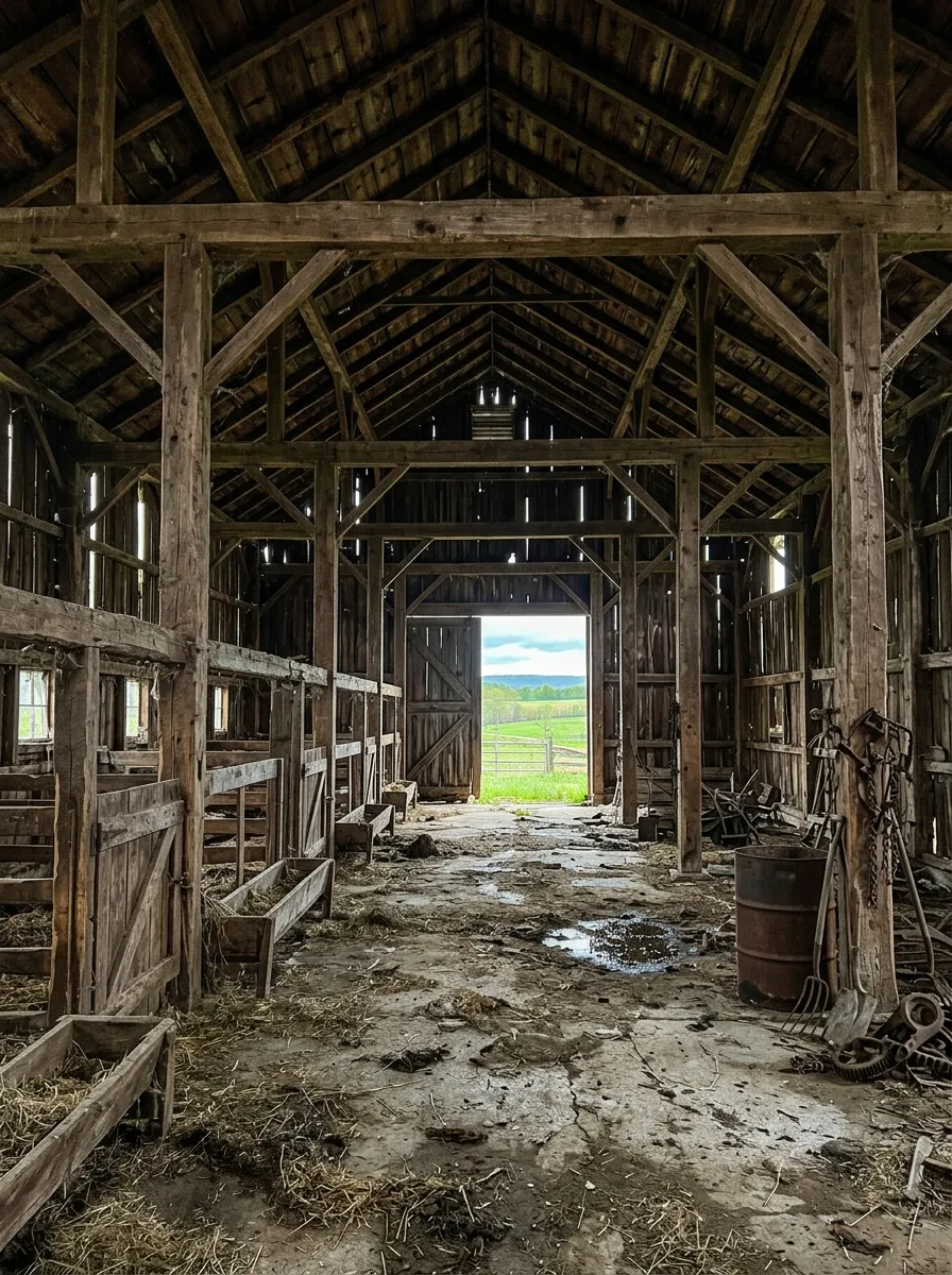 Before (AI concept): A long barn hall under heavy timber posts and beams: plank walls with daylight in the gaps, wooden cattle stalls on the left, a cracked concrete and dirt floor with puddles and straw, a rusty oil drum, old tools, and a door open at the far end onto green fields.