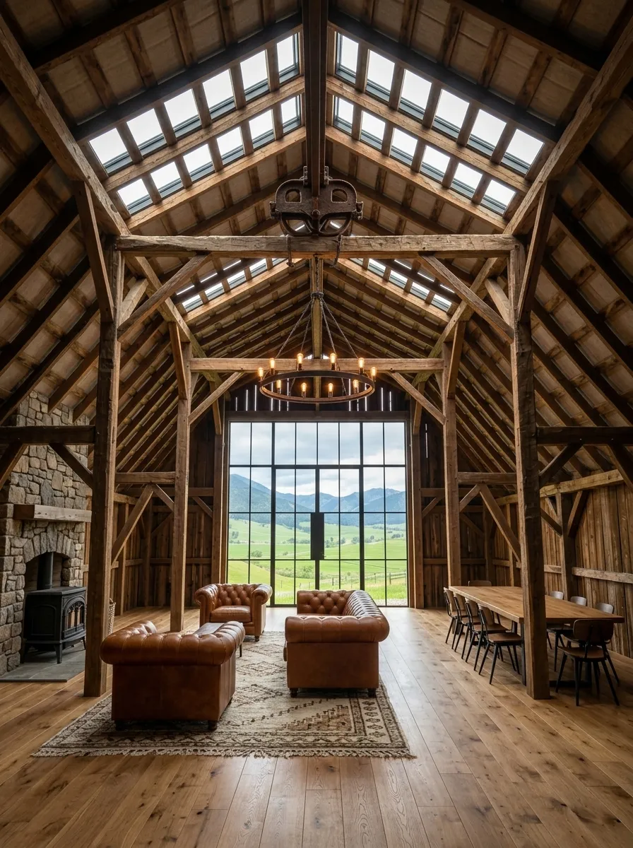 After (AI concept): The same loft as a great room: rows of skylights in the roof, a wall of black steel-framed glass at the far gable onto fields and mountains, a fieldstone fireplace with a black wood stove on the left, tufted cognac leather sofas on a patterned rug, an iron ring chandelier, a long oak table with chairs on the right and wide oak floorboards.