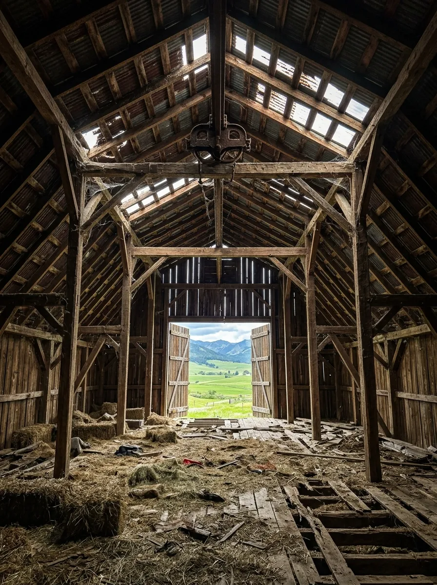 Before (AI concept): The hayloft under a gambrel timber roof: exposed trusses and rafters, daylight through holes in the rusted metal, an old hay trolley on its rail, hay bales, broken floorboards with gaps, and a hayloft door open at the far gable onto fields and hills.