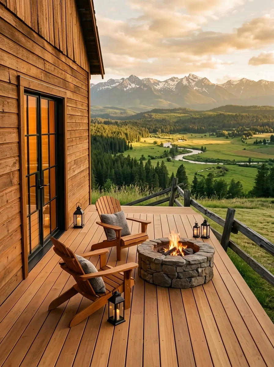 After (AI concept): The same spot with the wall in warm cedar, a black steel-framed glass door glowing from inside, a wide cedar deck, two wooden Adirondack chairs with grey cushions around a round stone fire pit with a small fire, black lanterns, a split-rail fence, and the same valley and mountains.