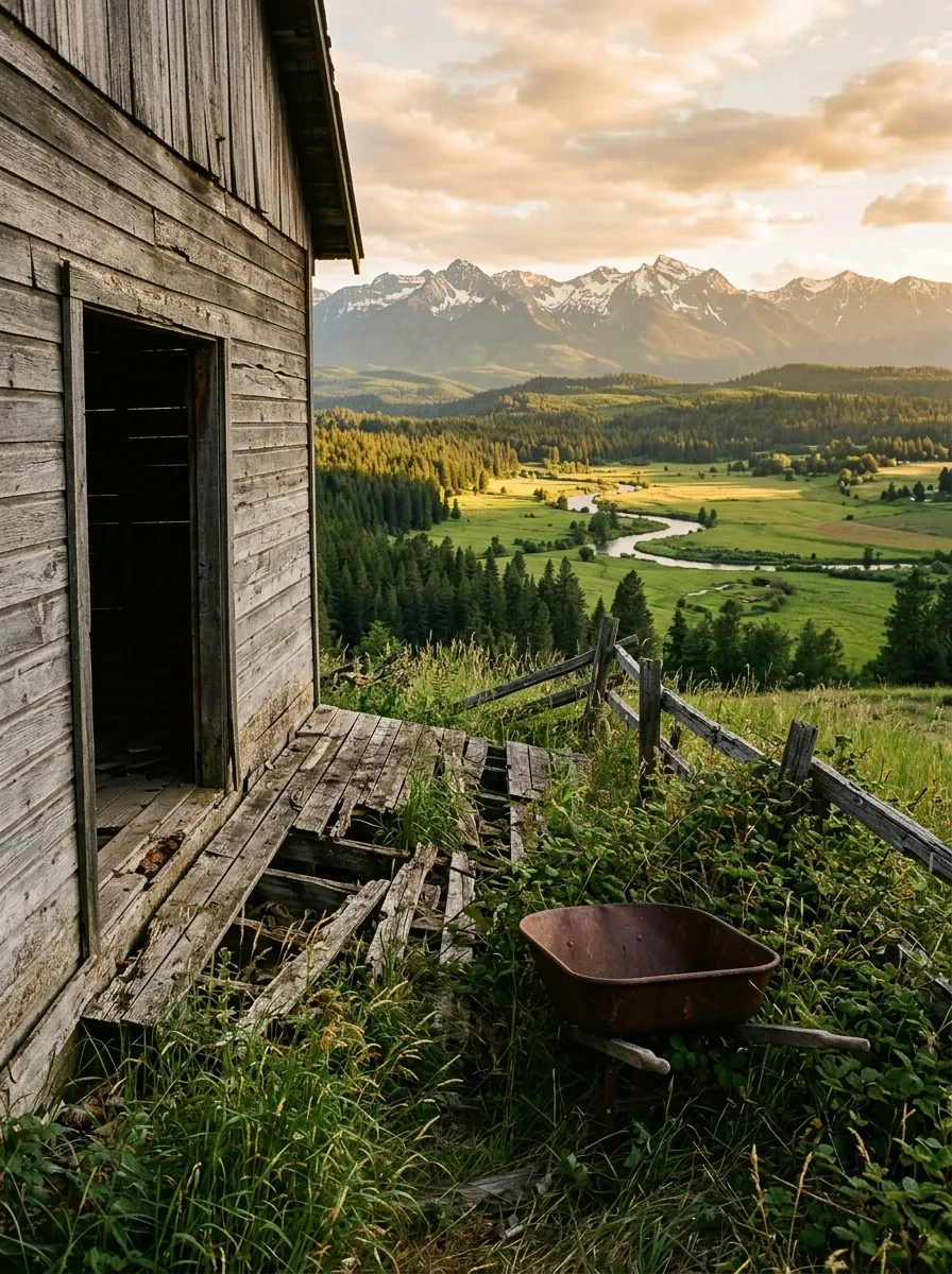 Before (AI concept): Behind the barn at golden hour: a grey plank wall with an open doorway, a rotten collapsed deck, a rusted wheelbarrow in tall grass, a broken split-rail fence, and a wide valley with a winding river, pine forest and snow-dusted mountains.