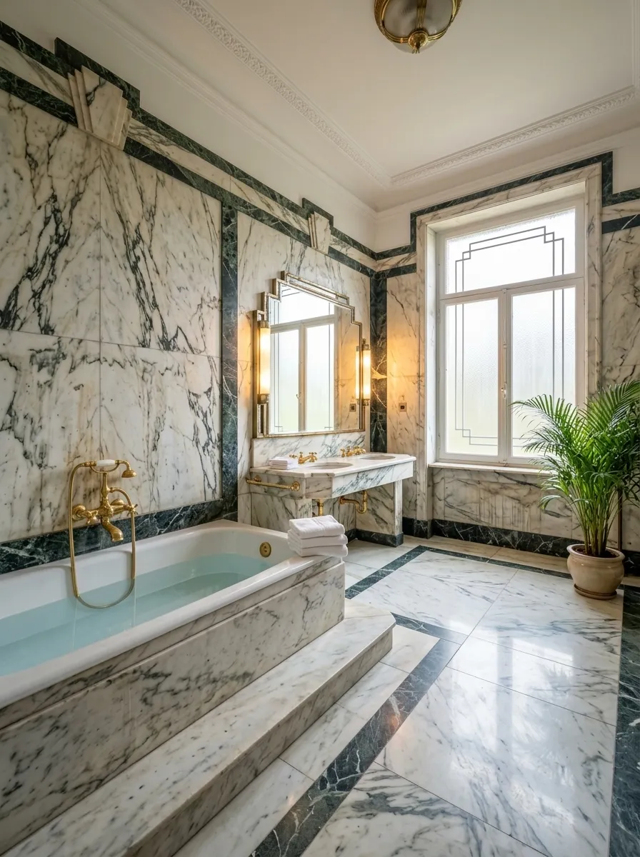 After (AI concept): The same bathroom with polished white and green marble, the marble bathtub filled with clear water, brass taps, the stepped mirror restored between two lit wall lights, folded white towels, a potted palm and a repaired frosted window.