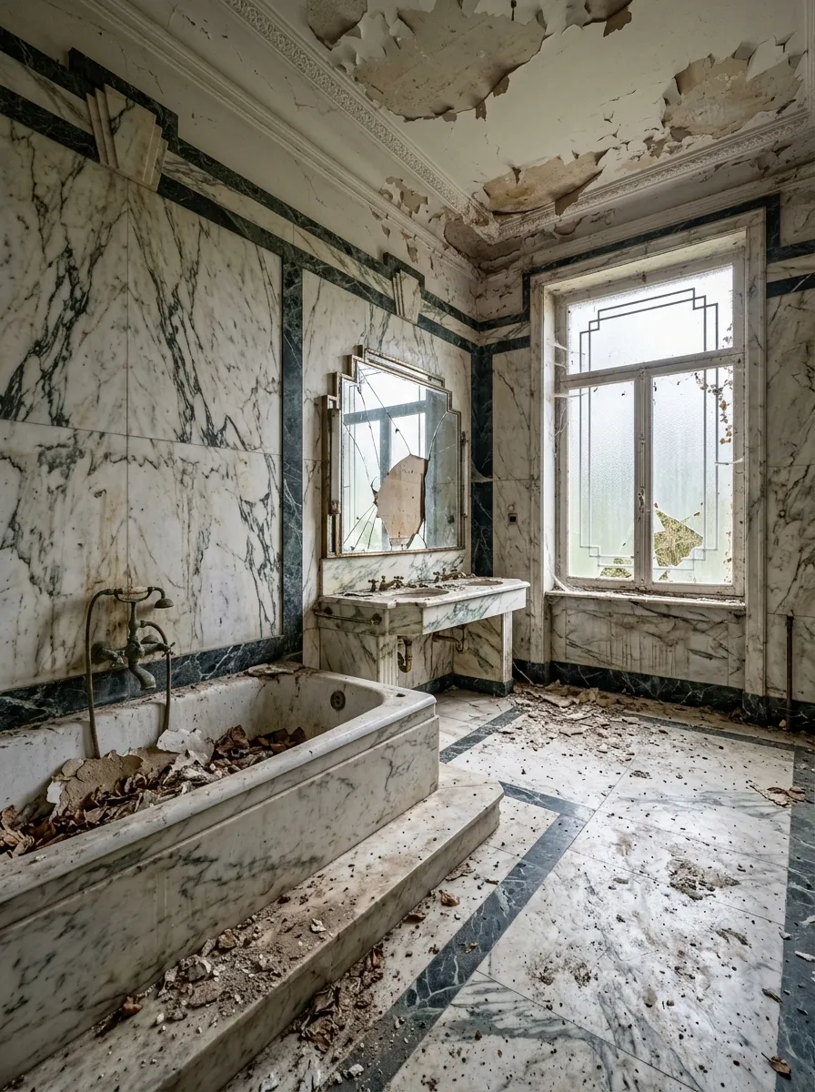 Before (AI concept): A bathroom lined in veined white marble with dark green borders, a marble bathtub full of debris, tarnished taps, a broken stepped mirror over a marble washbasin, a cracked frosted window, peeling ceiling paint and plaster on the floor.