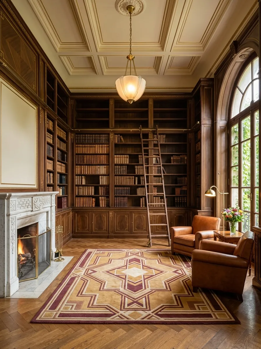 After (AI concept): The same library with walnut shelves filled with leather-bound books, the ladder on the shelves, a cream coffered ceiling with a pendant light, a fire in the marble fireplace, two cognac leather armchairs, a brass lamp, a vase of flowers and a geometric rug on herringbone parquet.