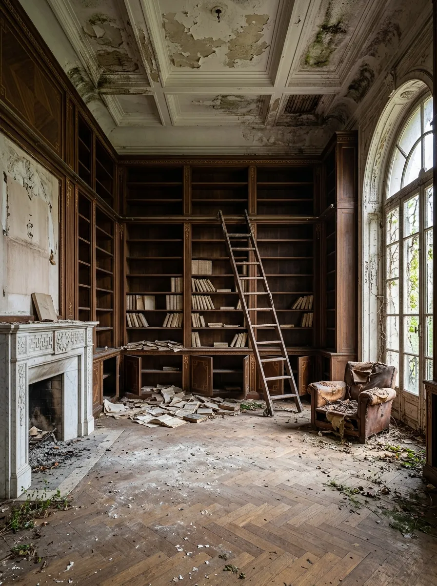 Before (AI concept): A tall library with dark walnut bookshelves half empty, loose books and papers on the floor, a wooden ladder leaning on the shelves, a stained coffered ceiling, a white marble fireplace, a torn leather armchair and a tall arched window.