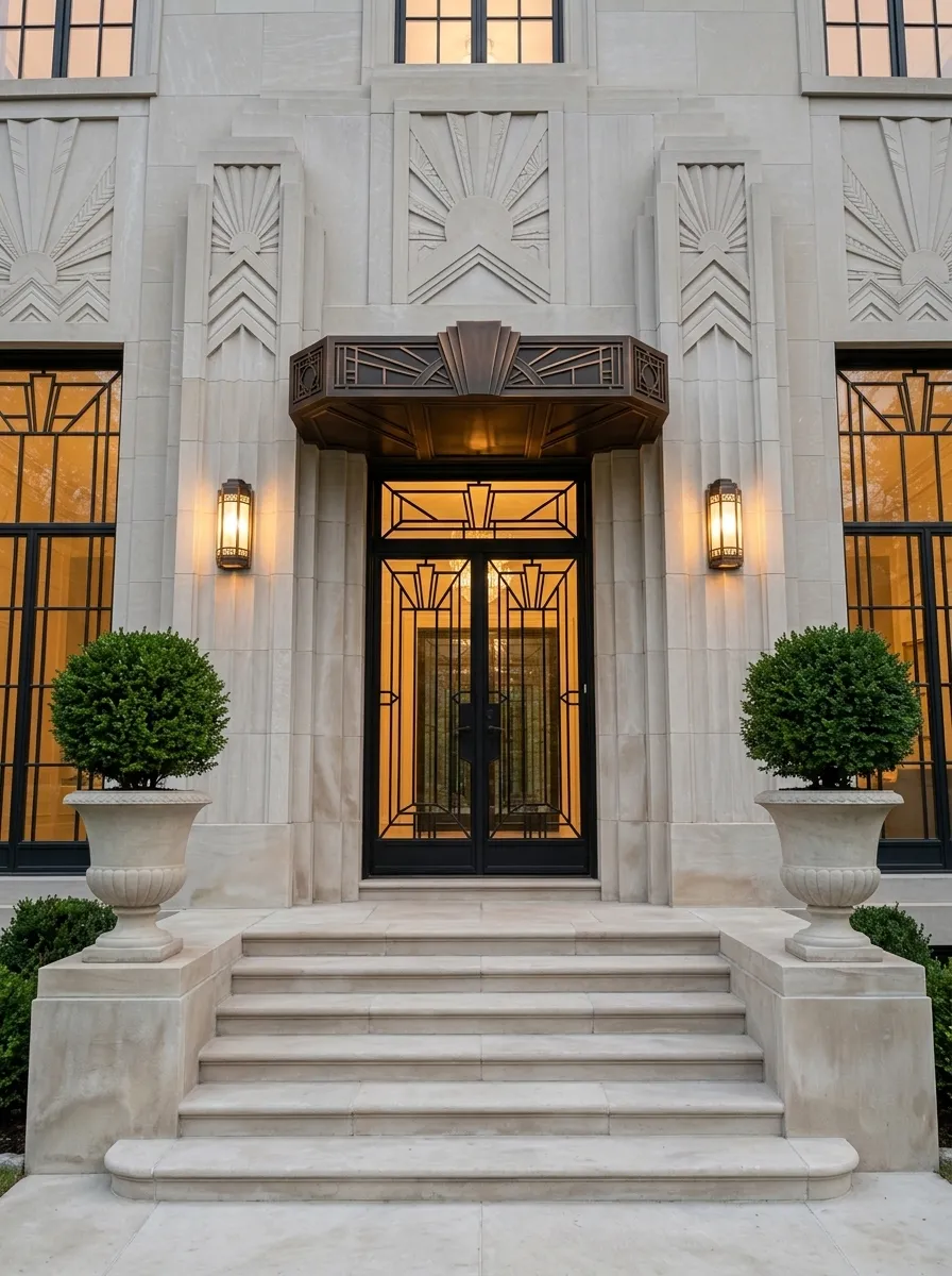 After (AI concept): The same entrance with clean limestone and crisp sunburst reliefs, a restored bronze canopy, black iron and glass doors glowing with warm light, lit windows, two wall lanterns, clipped topiary balls in the stone urns and clean stone steps.