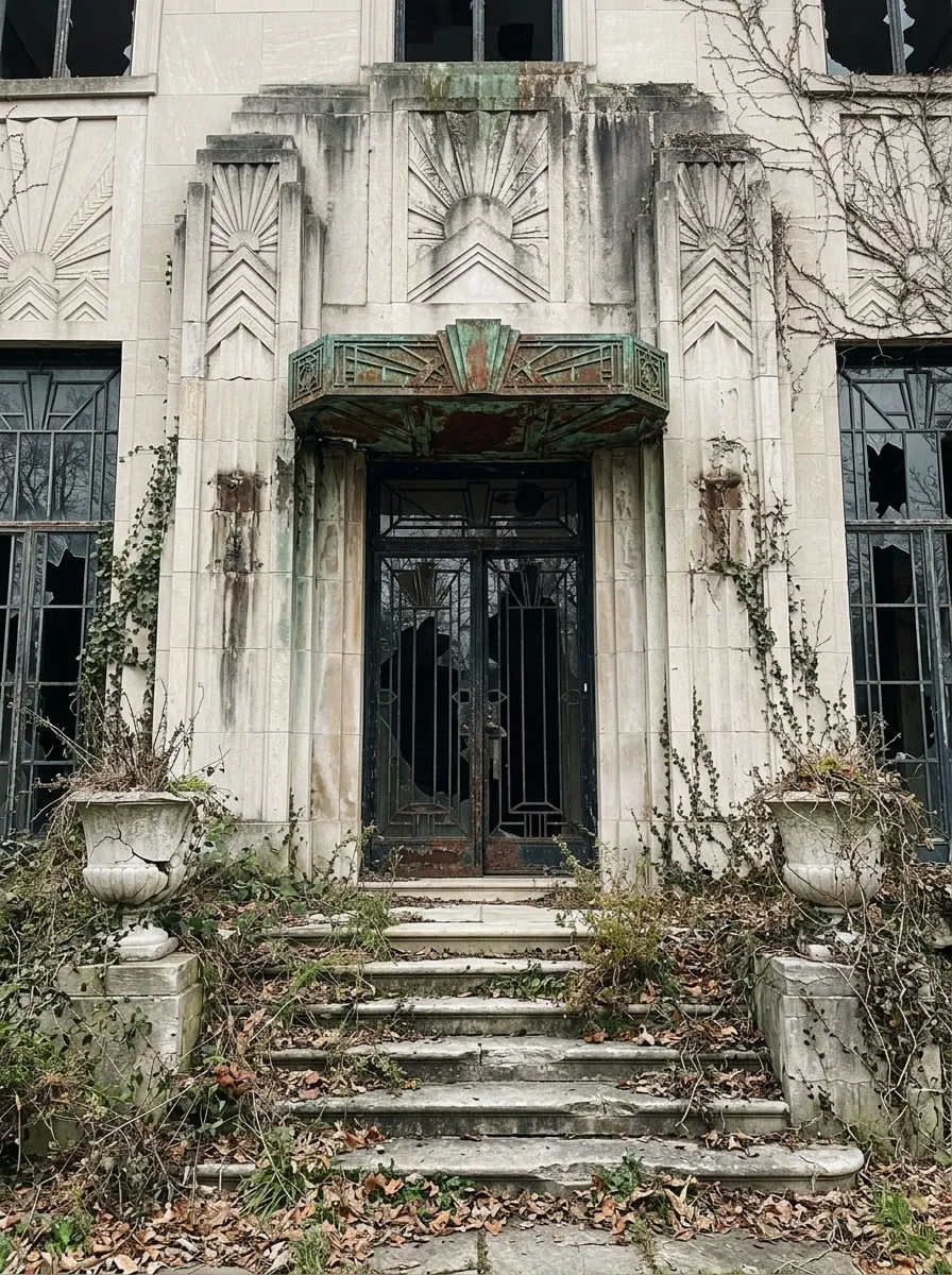 Before (AI concept): Ground-level view of the entrance of a pale limestone Art Deco mansion: stained stone with carved sunburst reliefs, a green-patinated bronze canopy, rusted black iron and glass double doors, broken windows, dead vines, two cracked stone urns and steps covered in leaves and weeds.