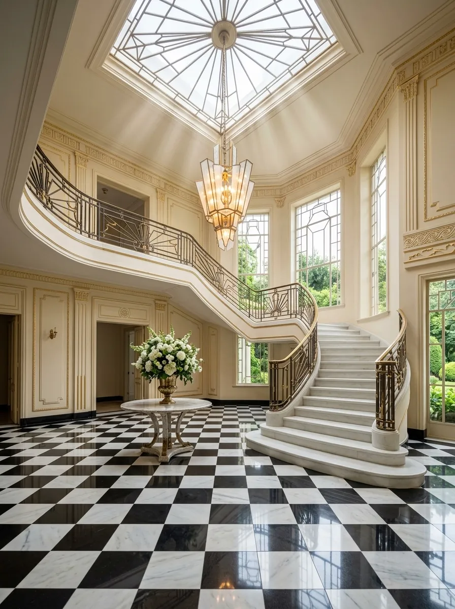 After (AI concept): The same hall with a gleaming black and white checkerboard marble floor, the curved staircase with a brass and iron balustrade, a bright skylight, a lit Art Deco chandelier, clean cream walls with gilded mouldings and a round table with white flowers.