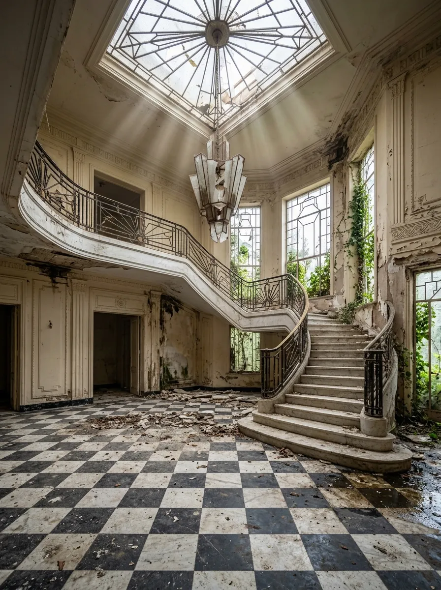 Before (AI concept): A double-height entrance hall with a curved marble staircase and a geometric iron balustrade, a dirty black and white checkerboard floor covered in debris, a geometric glass skylight, a dusty Art Deco chandelier, stained cream walls and vines at the tall windows.