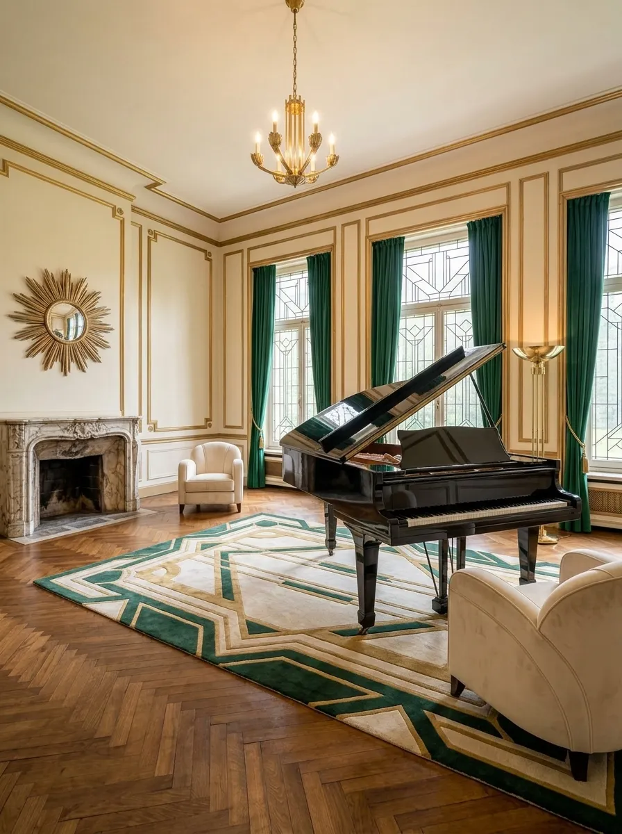 After (AI concept): The same room with a glossy black grand piano in the same place, polished herringbone parquet, emerald green velvet curtains, a brass chandelier, a brass floor lamp, the marble fireplace and sunburst mirror, cream armchairs and a green and cream geometric rug.