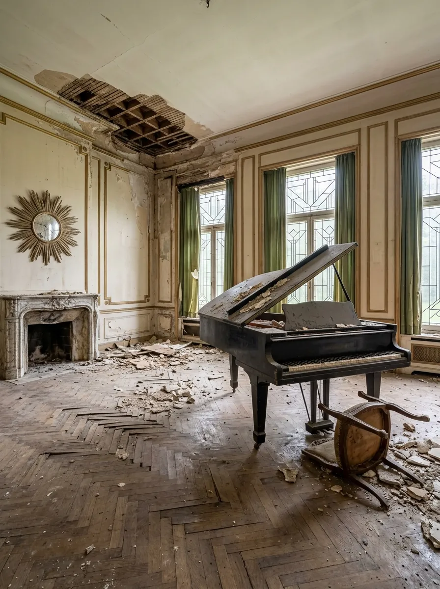 Before (AI concept): A music room with a dusty black grand piano covered in fallen plaster, an overturned chair, a damaged herringbone parquet floor, faded green curtains at tall leaded-glass windows, a hole in the ceiling, a marble fireplace and a gilded sunburst mirror.