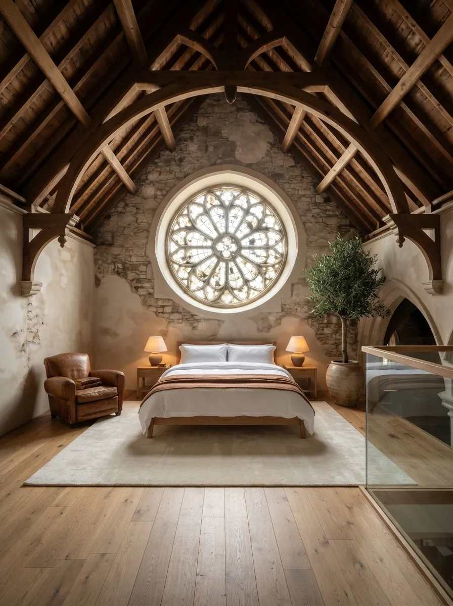 After (AI concept): The same gallery with the rose window centred above a low bed in white linen with a rust throw, oak bedside tables with lamps, a leather armchair, a large cream rug, repaired oak floorboards, an olive tree, and a glass balustrade with an oak rail where the carved one stood.
