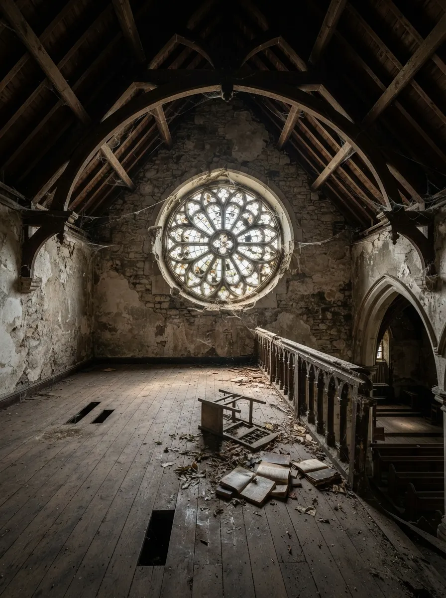 Before (AI concept): An upstairs gallery under steep timber trusses with a round rose window in the gable, flaking plaster over stone, a carved wooden balustrade on the right above the nave, gaps in the floorboards and scattered hymn books.