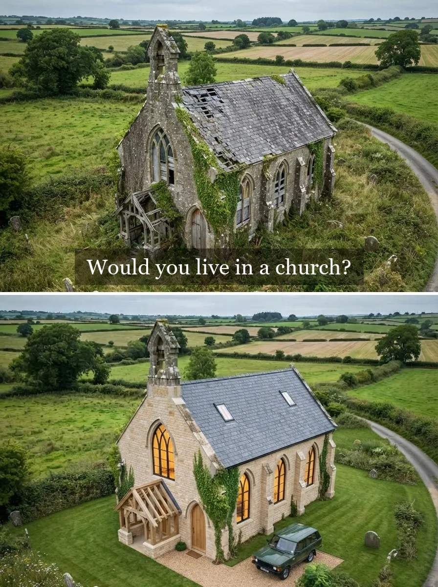 AI-generated concept. Two aerial views of the same stone chapel beside a curving lane: above, a broken slate roof, ivy and an overgrown churchyard; below, a new slate roof with skylights, lit gothic windows, a lawn, a gravel drive and a green 4x4.