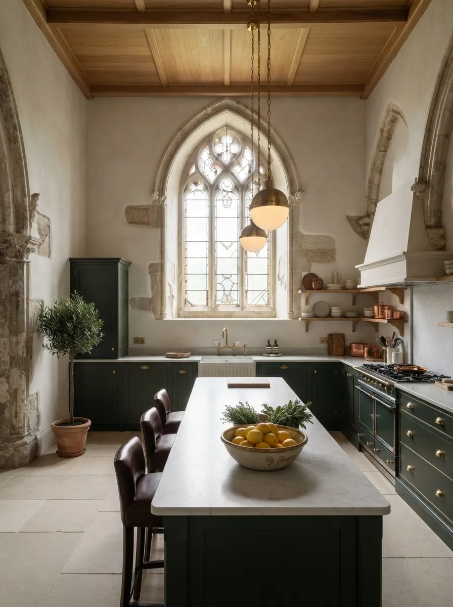 After (AI concept): The same space with the window in place and its tracery restored, an oak board ceiling, limewashed walls, deep green shaker cabinets with a butler sink under the window, a stone range hood, open shelves, a marble-topped island with a bowl of lemons, leather stools, brass pendant lights and a pale stone floor.