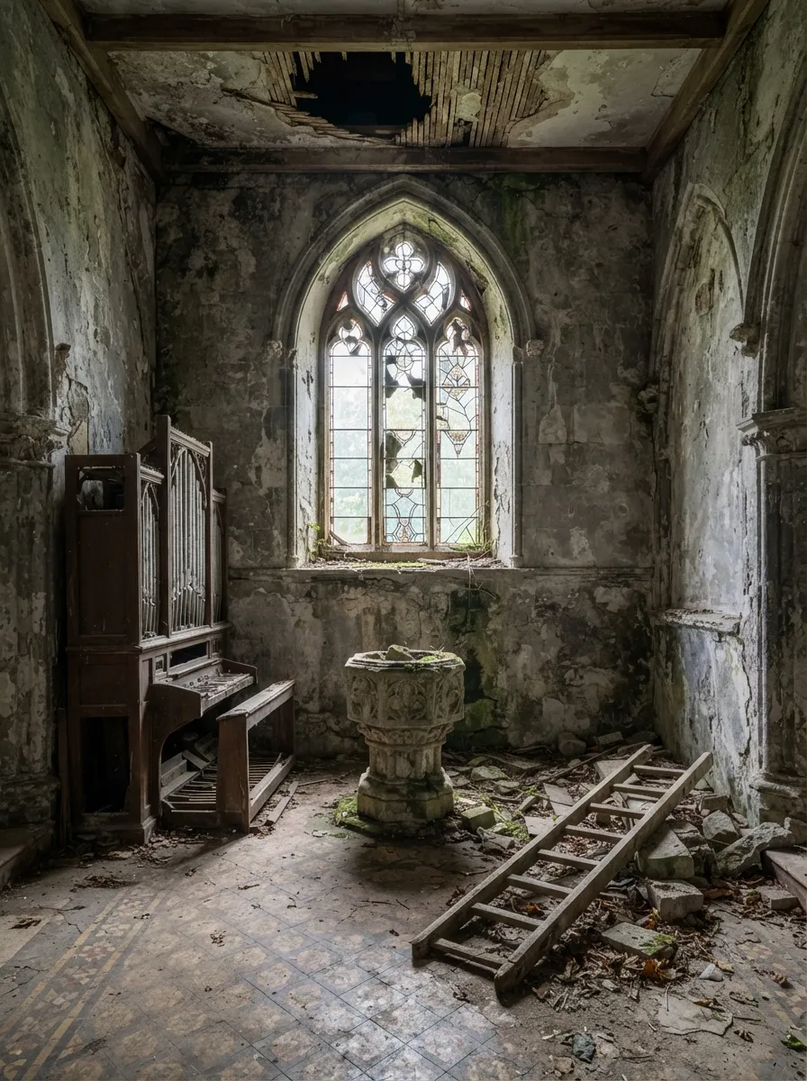 Before (AI concept): A side space with one tall gothic window of broken leaded glass, stone walls black with damp, a broken timber ceiling, an old organ case, a stone font, a fallen ladder and a patterned tile floor under rubble.