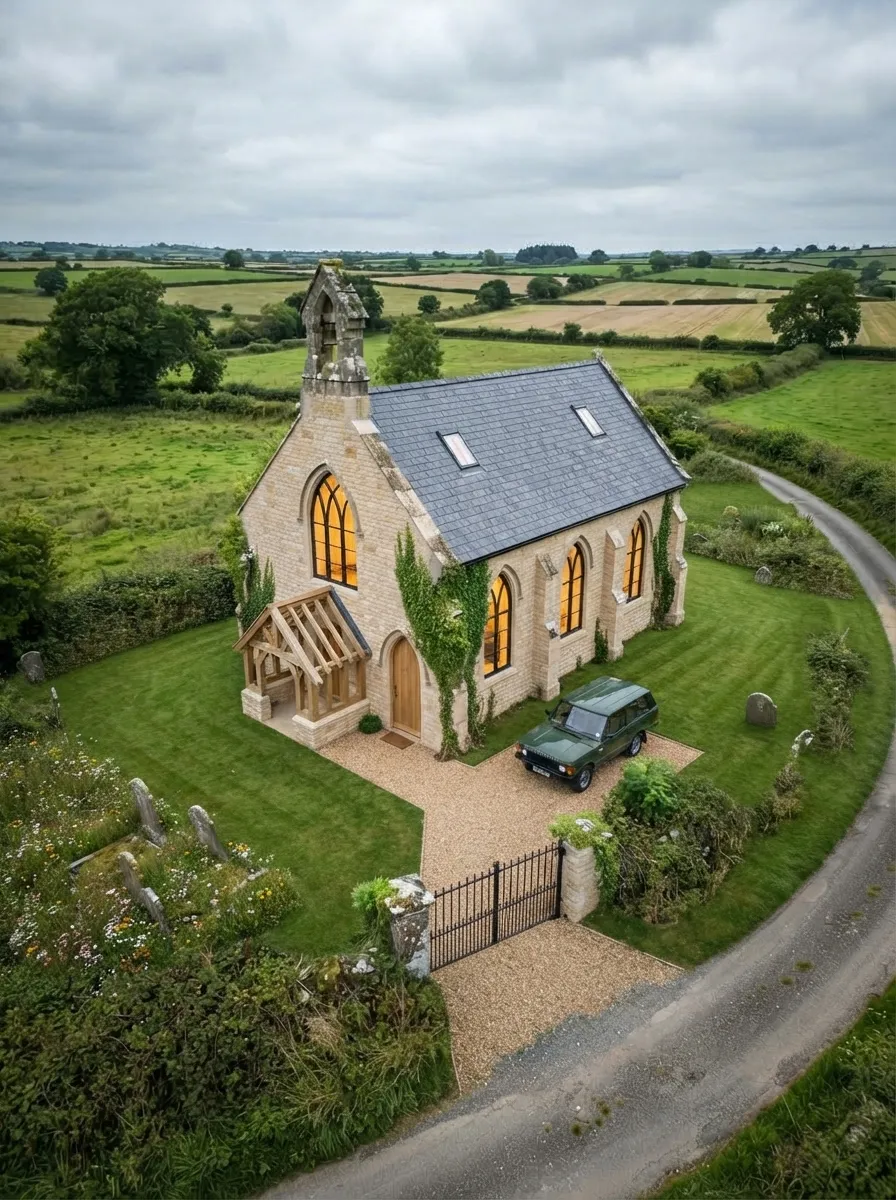 After (AI concept): The same chapel from the same height with a new slate roof and small skylights, cleaned pale stone, warm light in the gothic windows, a rebuilt oak porch, a mown lawn, a gravel drive with a dark green vintage 4x4, and the gravestones kept in the grass.