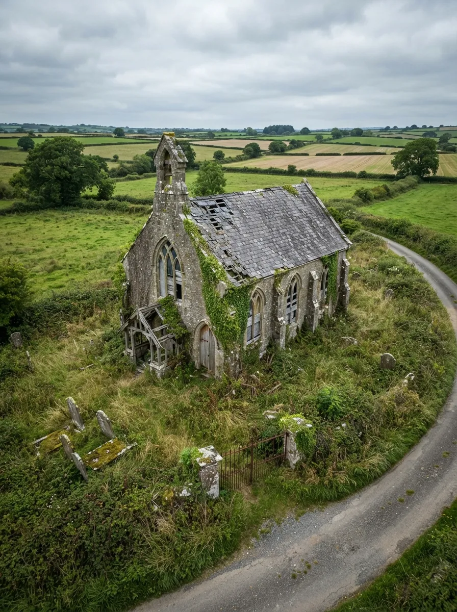 Before (AI concept): Aerial view of a small grey stone chapel with a bell turret, a slate roof with holes, ivy on the walls, a collapsed timber porch, and an overgrown churchyard with leaning gravestones beside a curving country lane.