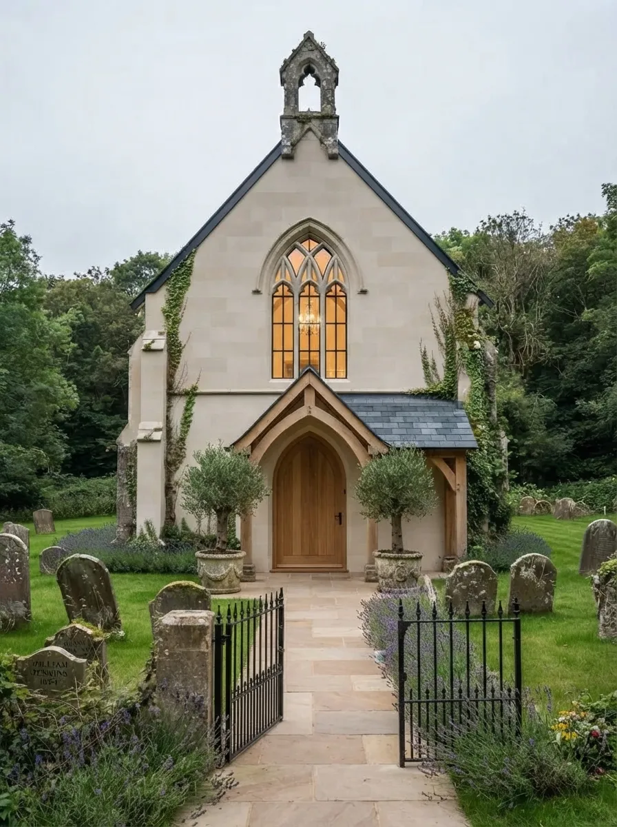 After (AI concept): The same gable with cleaned pale stone and ivy trimmed back, the gothic window glowing warm, an oak-framed porch with a slate roof over a new oak door, olive trees in stone planters, a sandstone path, lavender, and the gravestones kept on the lawn behind a black iron gate.
