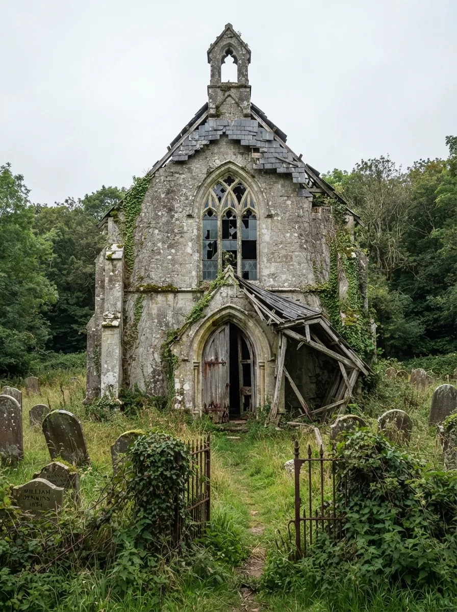 Before (AI concept): The chapel's gable end from the path: a tall gothic window with broken tracery, a rotten arched wooden door, a porch collapsing to one side, ivy, moss and leaning gravestones in long grass behind a rusty gate.