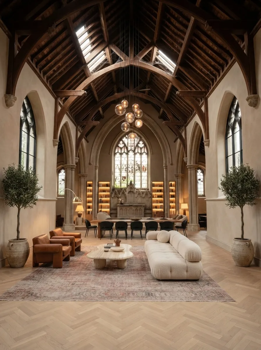 After (AI concept): The same nave with restored trusses and skylights, limewashed walls, a herringbone oak floor, two curved cream boucle sofas and leather armchairs on a large rug, a stone coffee table, olive trees, a long dining table with black chairs, lit bookshelves at the far end and a cluster of glass globe pendants.