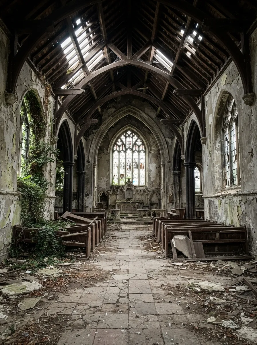 Before (AI concept): The nave looking towards a stained-glass window: dark timber trusses with daylight through missing slates, pointed arches on both sides, flaking plaster, broken pews and a floor of cracked stone covered in debris.