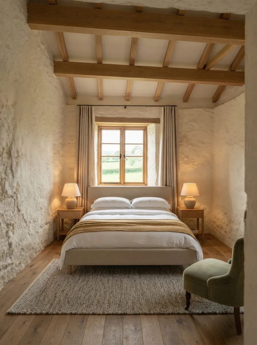 After (AI concept): The same room with limewashed stone walls, oak beams under a white ceiling, the window in an oak frame with linen curtains, an upholstered bed with white linen, oak bedside tables with lamps, a wool rug, a green velvet armchair and an oak floor.