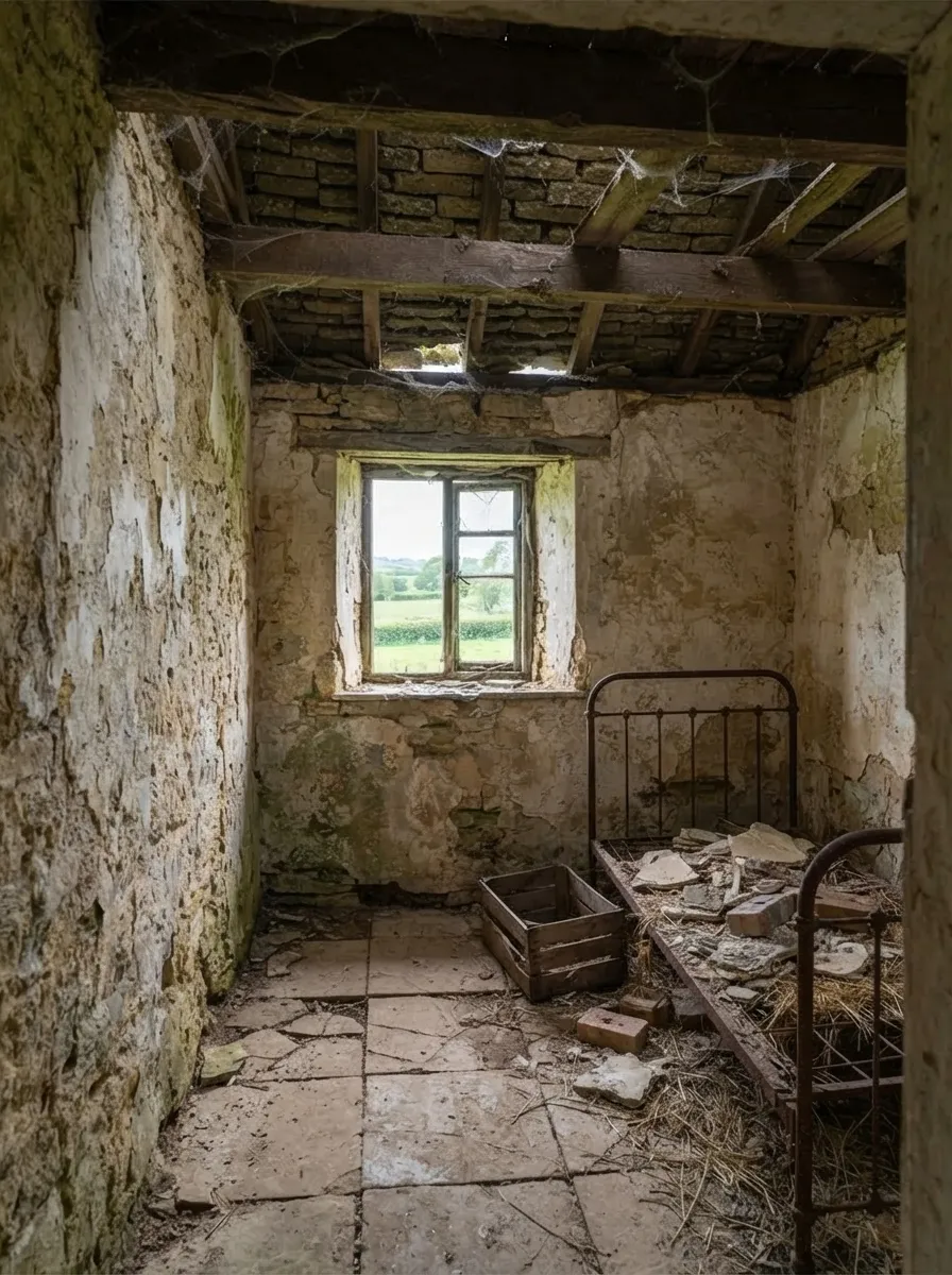 Before (AI concept): Small stone room with crumbling plaster, exposed joists with gaps and cobwebs, one small window onto fields, a rusty iron bed frame full of rubble, a wooden crate and cracked stone flags.