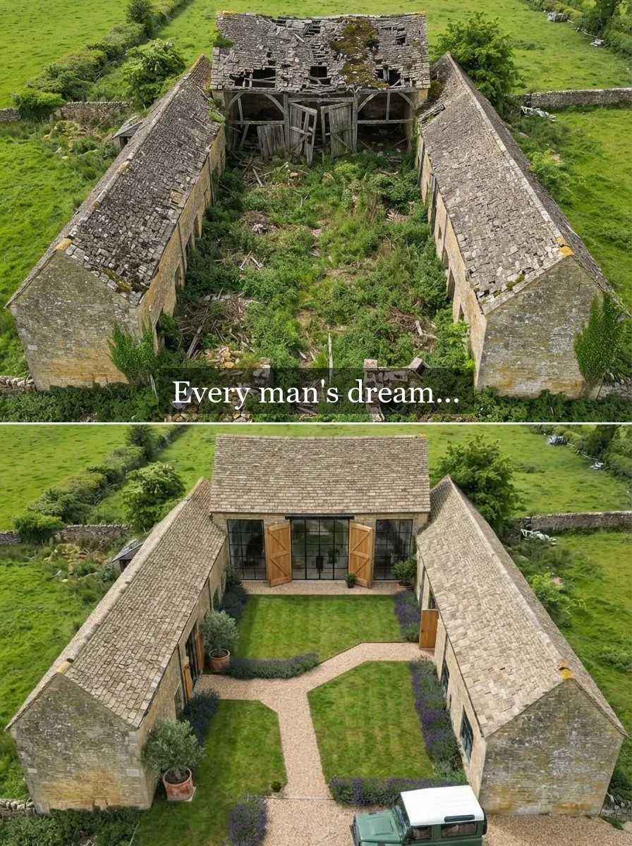 AI-generated concept. Two aerial views of the same U-shaped stone barn group: above, a collapsed end barn and an overgrown courtyard; below, the barn re-roofed and glazed, with lawns, a gravel path and lavender.