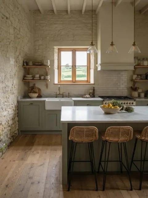 Concept généré par IA : une cuisine, la fenêtre à la même place, meubles vert sauge, évier en céramique, îlot et tabourets en rotin.