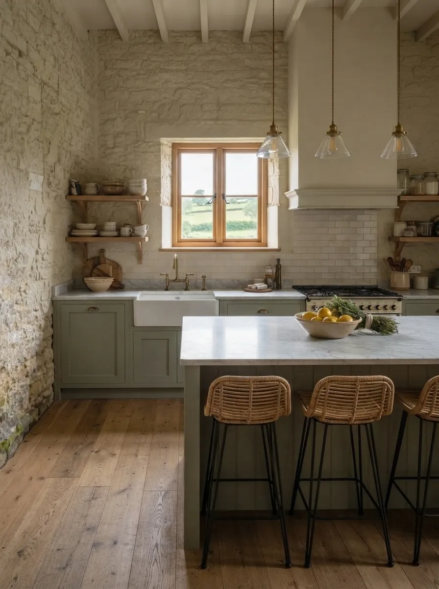 After (AI concept): A kitchen with the window in the same place in an oak frame, sage-green shaker cabinets, a white butler sink with a brass tap, marble worktops, a range cooker under a hood, open shelves, an island with three rattan stools, glass pendant lights and an oak floor.