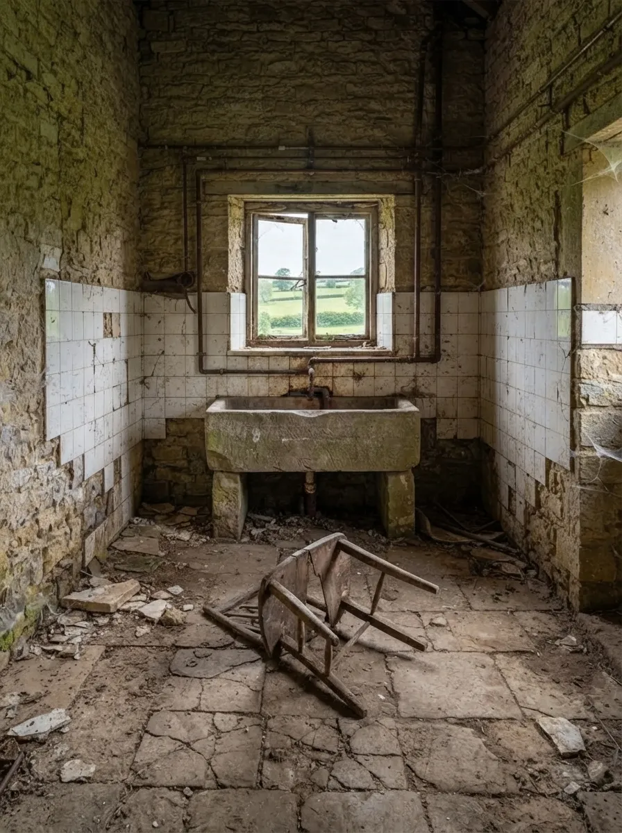 Before (AI concept): Stone room with half-height white tiles, an old stone trough sink on stone legs, rusty pipes along the walls, a window onto fields, and a broken chair on cracked flagstones.