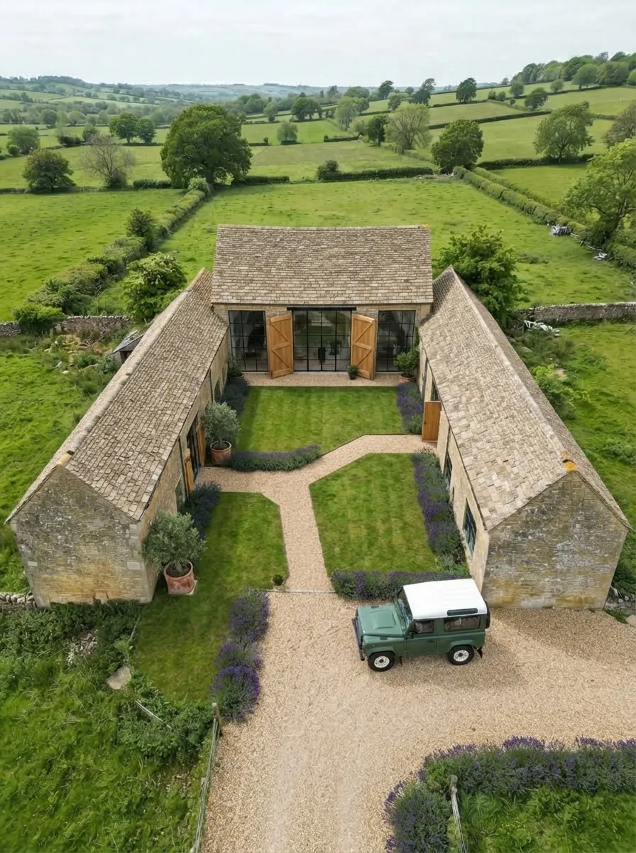 After (AI concept): The same three barns from the air with complete stone-tile roofs, black steel-framed glazing and oak doors on the end barn, two lawns crossed by a gravel path edged with lavender, and a green vintage 4x4 on a gravel drive.