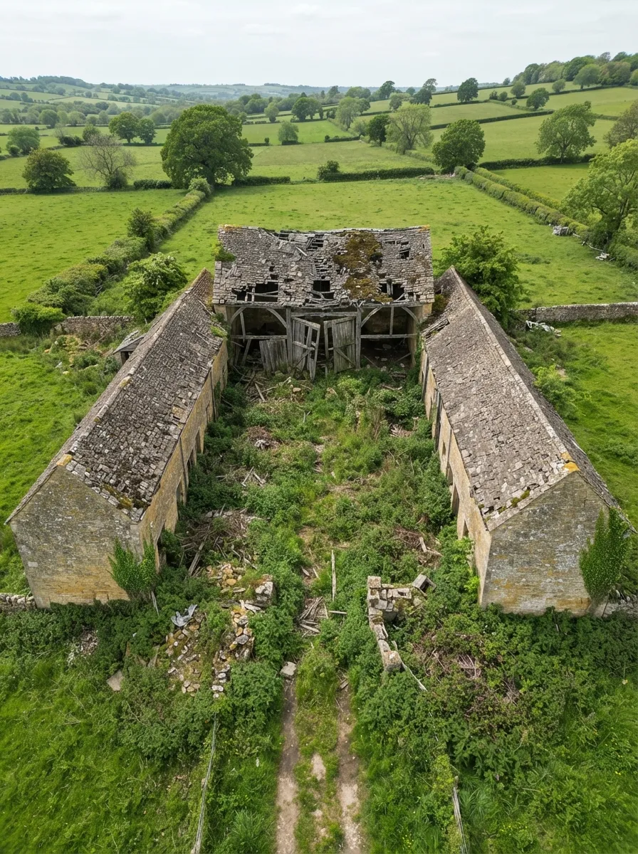 Before (AI concept): Aerial view of three stone barns around a courtyard: the end barn's roof has holes and its doors hang loose, and the yard is full of nettles, brambles, rubble and fallen stone.