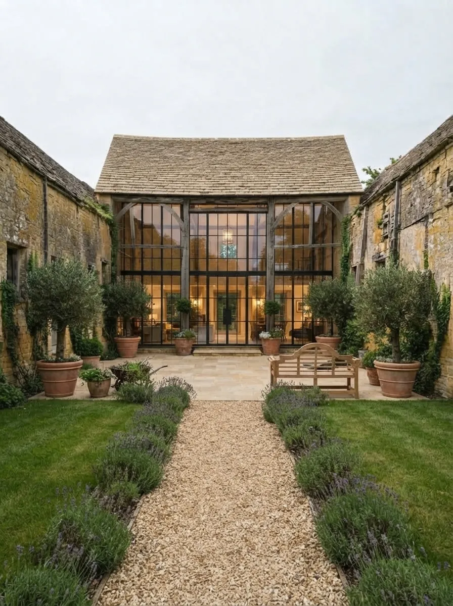 After (AI concept): The same barn with a new stone-tile roof, its oak frame and curved braces kept and filled with steel-framed glass, a lit room visible inside, a stone terrace with a wooden bench, olive trees in terracotta pots and a gravel path lined with lavender.